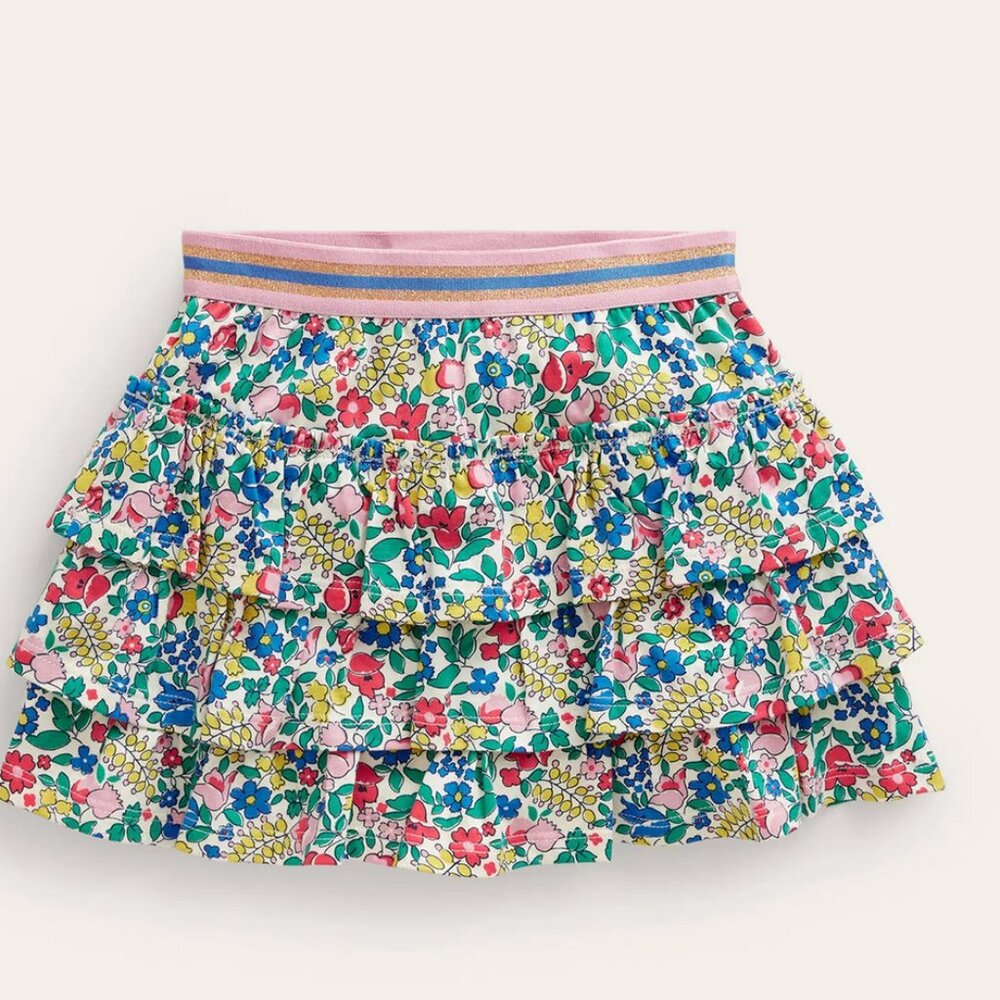 Mini Boden Pink Floral Jersey Ruffle Skor tMulti Flowerbed EUC 7-8